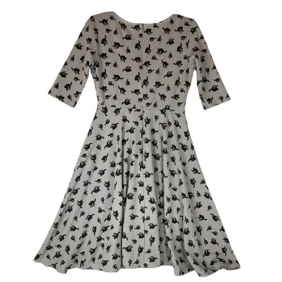 Unique Vintage Black Cat Knit Dress Medium 6-8 Gray Black Fit Flare Halloween - Picture 2 of 4